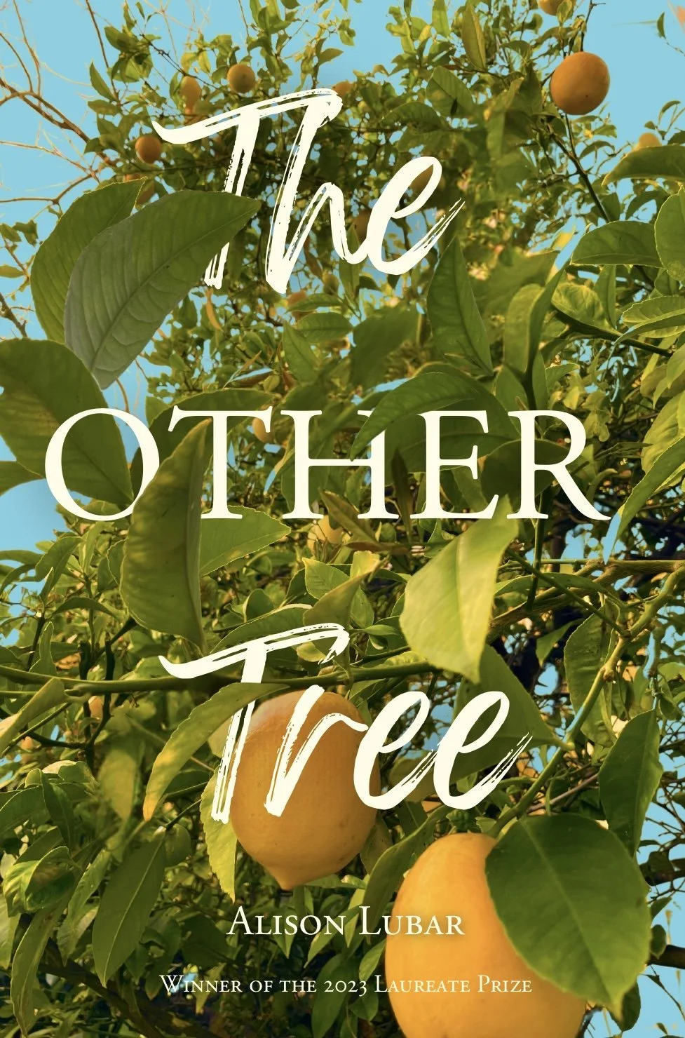 Book cover titled 'The Other Tree' by Alison Lubar, featuring a photograph of a lemon tree with green leaves and ripe yellow lemons, against a blue sky background.
