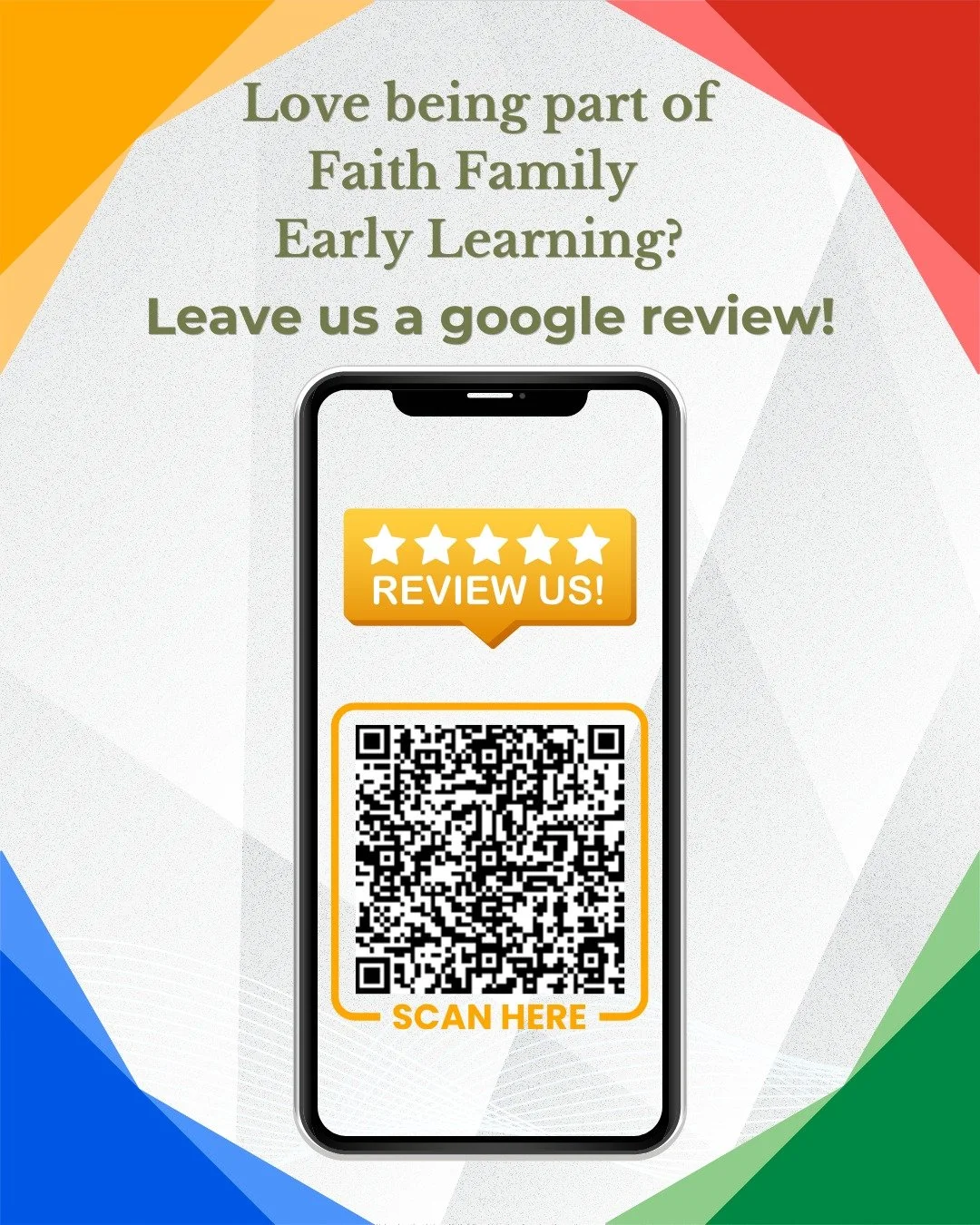Help other families find us! 📍
If you've loved your time at Faith Family Early Learning Taree we would greatly appreciate it if you could take a couple of minutes to leave a google review.

Scan the QR code or head to https://g.page/r/CbikSBa28dSjEB