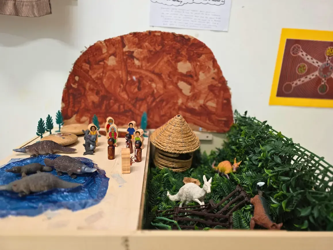 Indigenous themed play with figurines of Australian animals and people