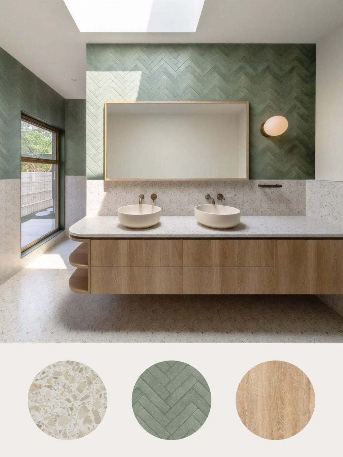 Here&rsquo;s a bit of show and tell of what&rsquo;s on the desk 🥰We&rsquo;re currently working up the finishes for this ensuite. It&rsquo;s cool, calm and drenched in light ☀️ With a herringbone tile pattern for added texture, we&rsquo;d be pretty h