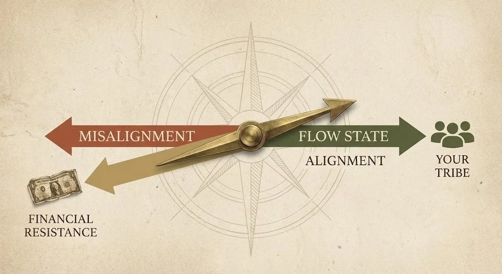 Compass diagram illustrating the shift from Misalignment and Financial Resistance to Flow State and finding Your Tribe.