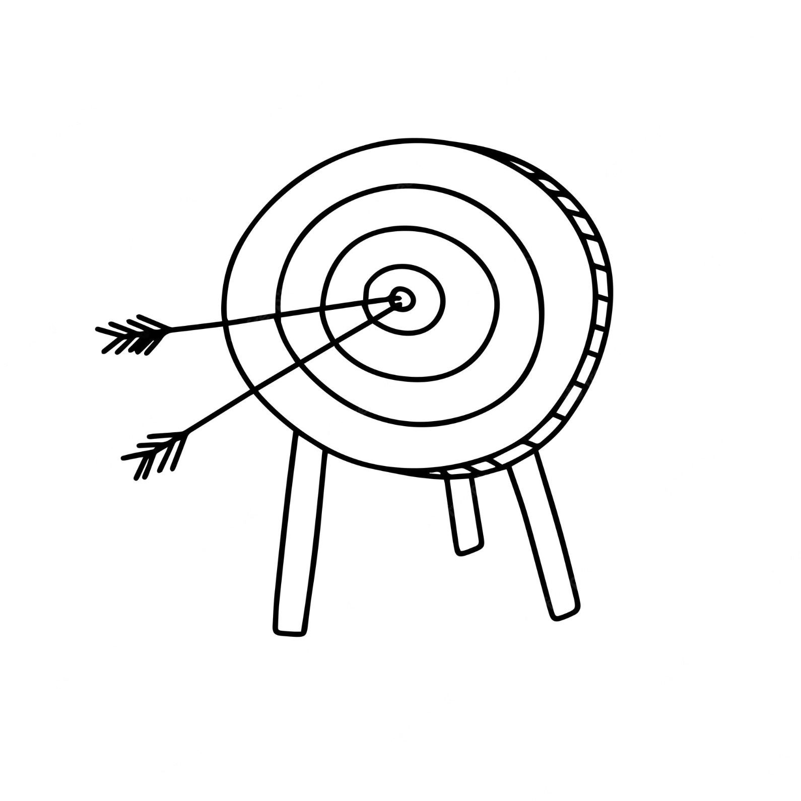 Black and white outline drawing of a standing target with concentric circles and two arrows hitting the bullseye, supported by three legs.