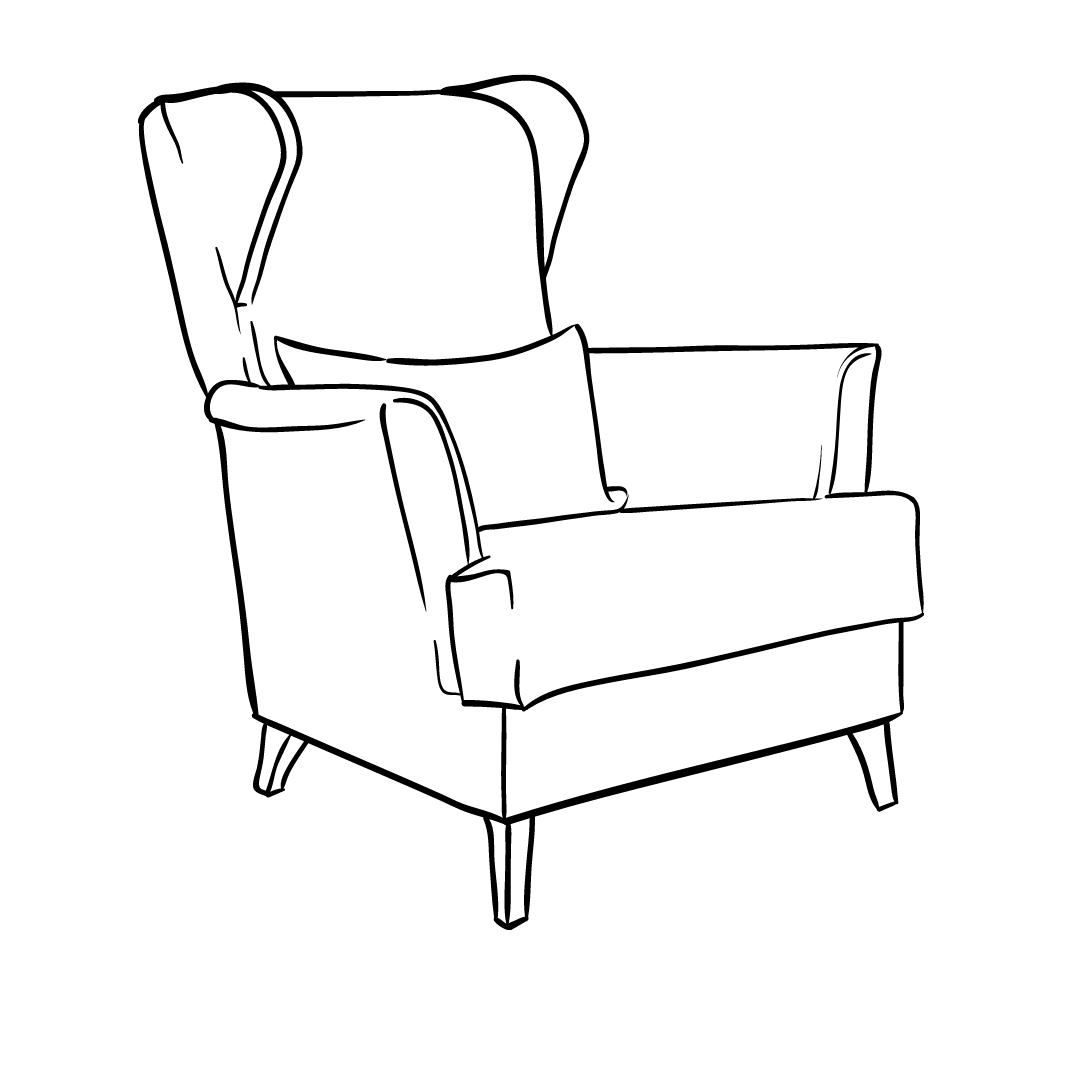 Line drawing of an armchair with a tall backrest, cushioned seat, and angled wooden legs.