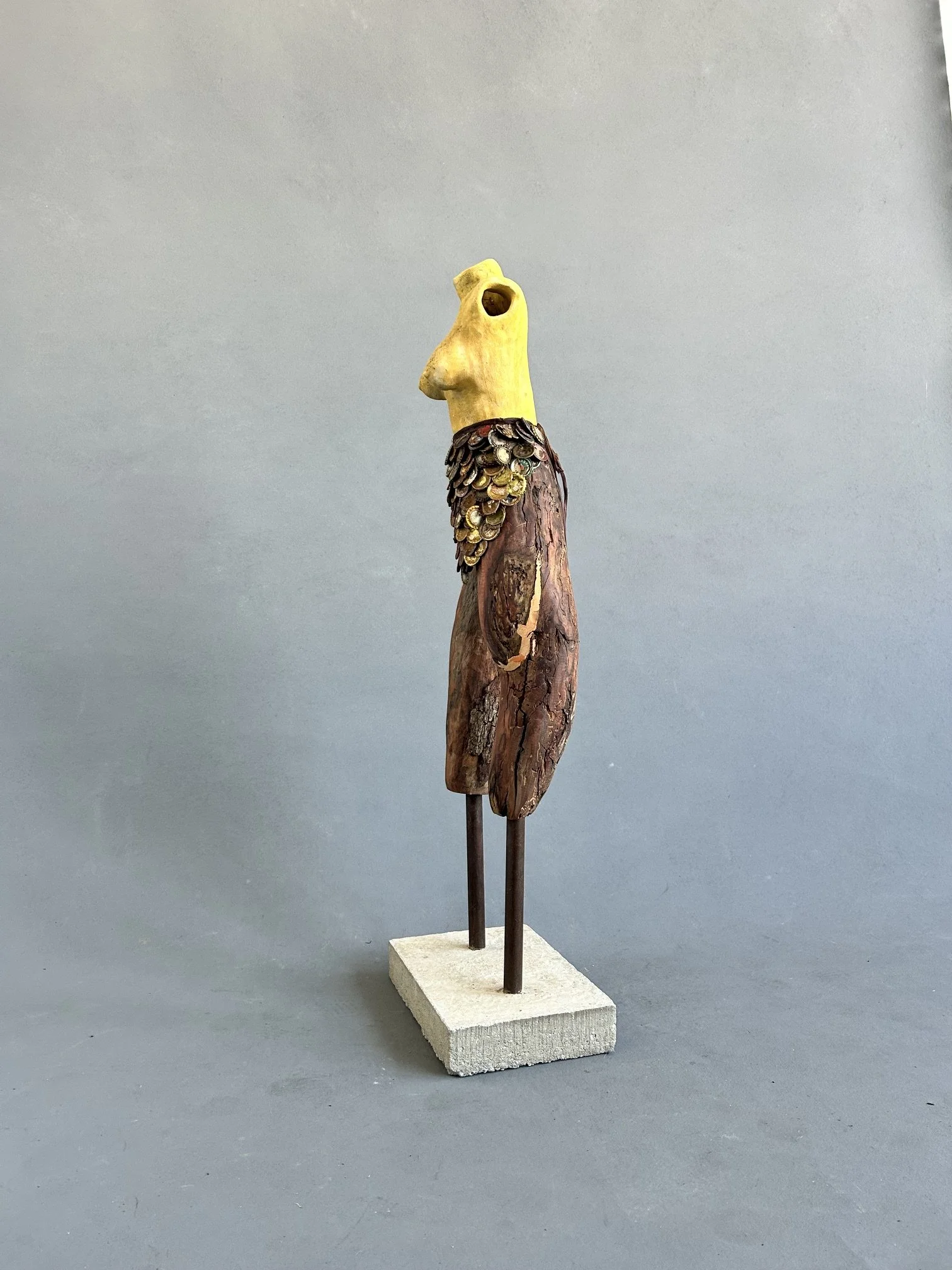 Turmeric Sunset
2026
Turmeric-stained Ceramic, Driftwood, and Bottlecaps (with a concrete and steel base)
H40" x W11" x D7"