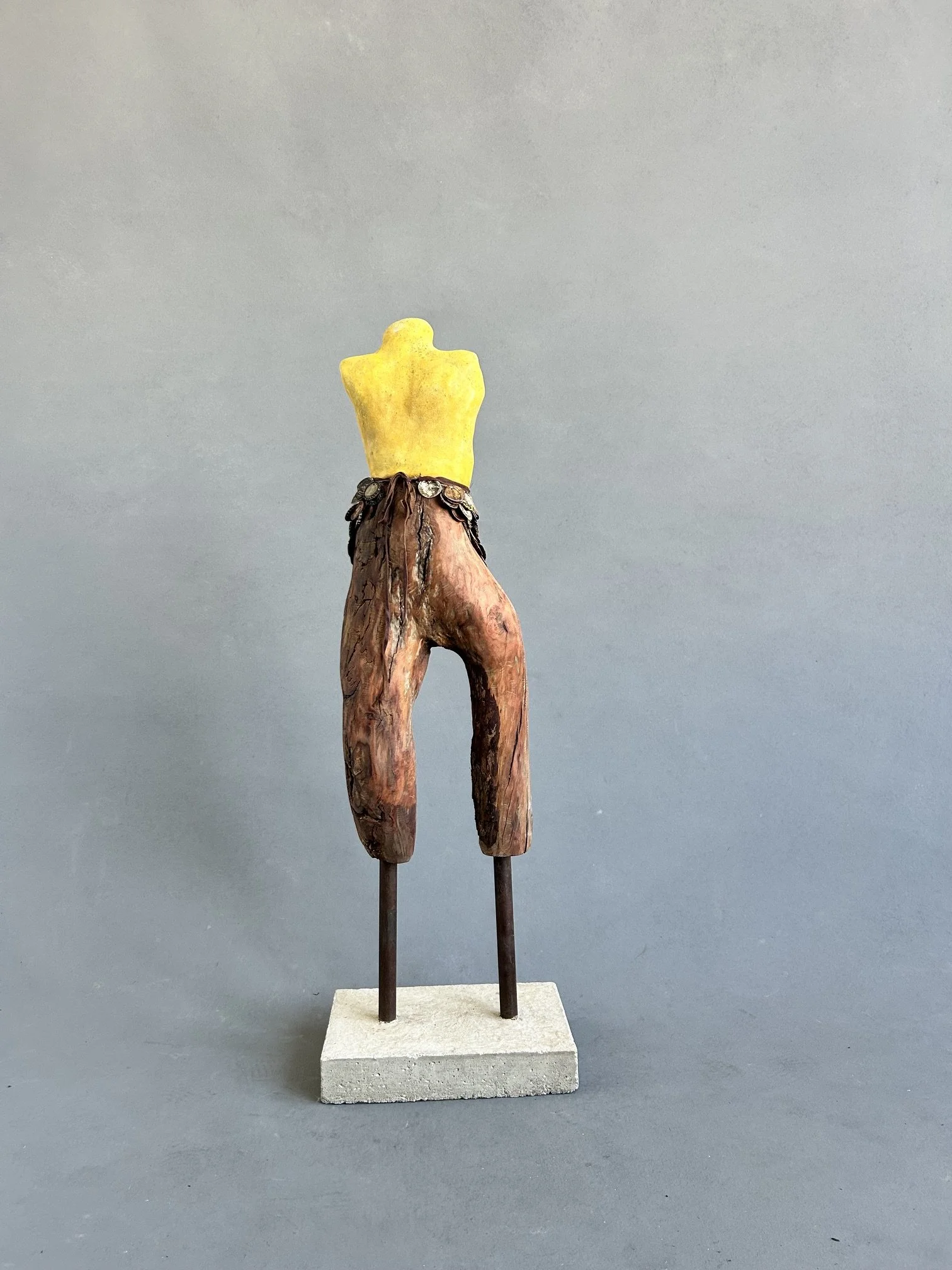 Turmeric Sunset
2026
Turmeric-stained Ceramic, Driftwood, and Bottlecaps (with a concrete and steel base)
H40" x W11" x D7"