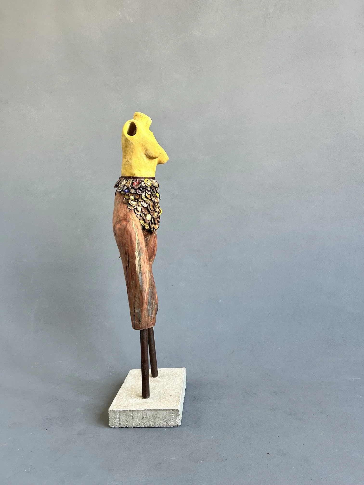 Turmeric Sunset
2026
Turmeric-stained Ceramic, Driftwood, and Bottlecaps (with a concrete and steel base)
H40" x W11" x D7"