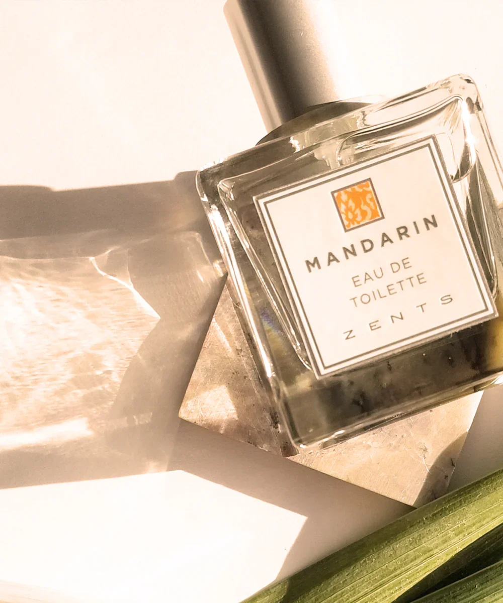 A glass bottle of Mandarin Eau de Toilette by ZENTS resting on a stone block, casting a shadow on a white surface, with a green plant leaf partially visible in the bottom right corner.