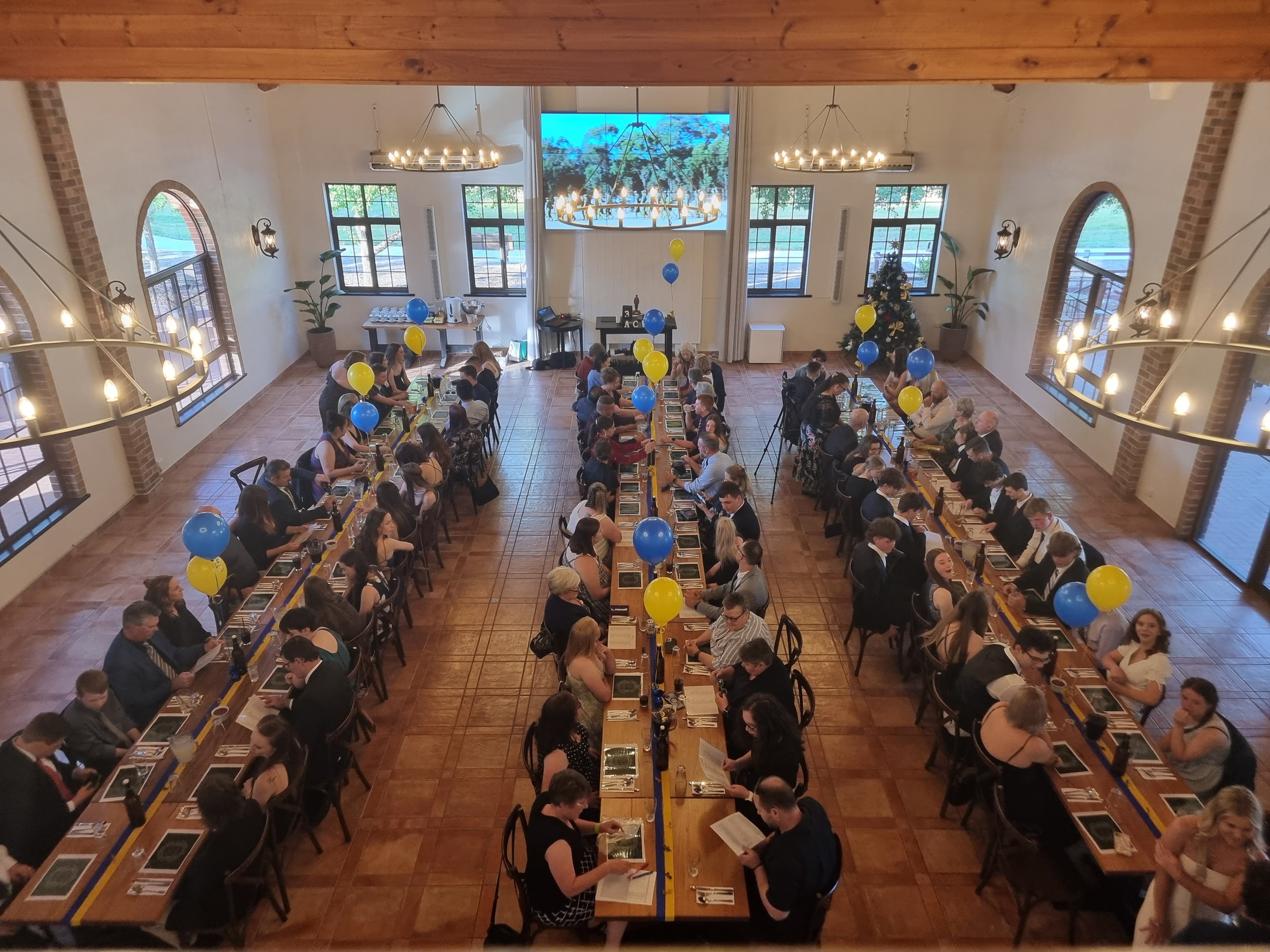 A ballroom decorated for a formal event with long tables, yellow and blue balloons, and a decorated Christmas tree. Guests are seated eating and reading menus. chandeliers hang from the ceiling, and large windows let in natural light.