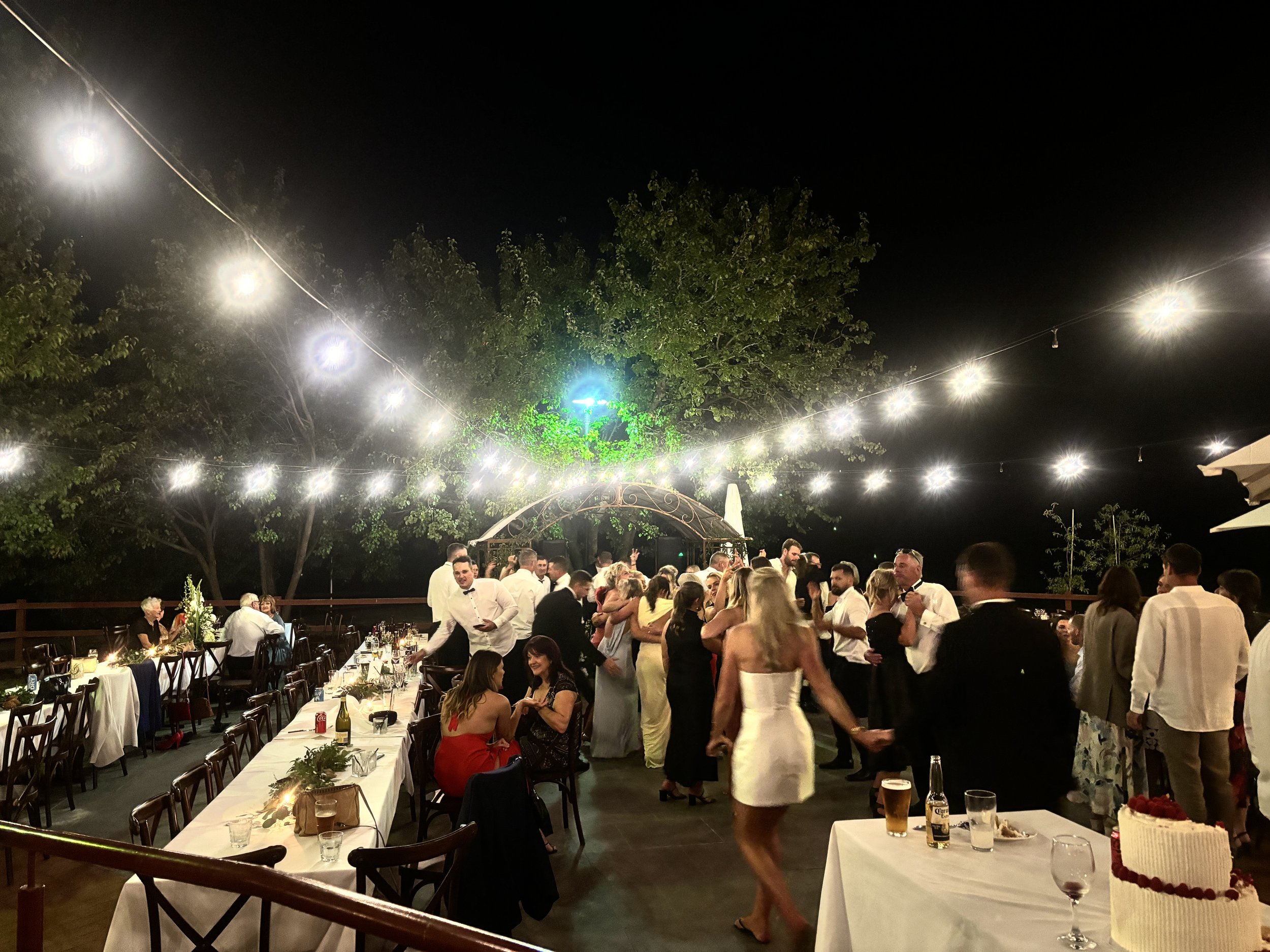 Nighttime outdoor wedding reception with string lights, guests dancing and sitting at decorated tables, a wedding cake on a table, and trees in the background.