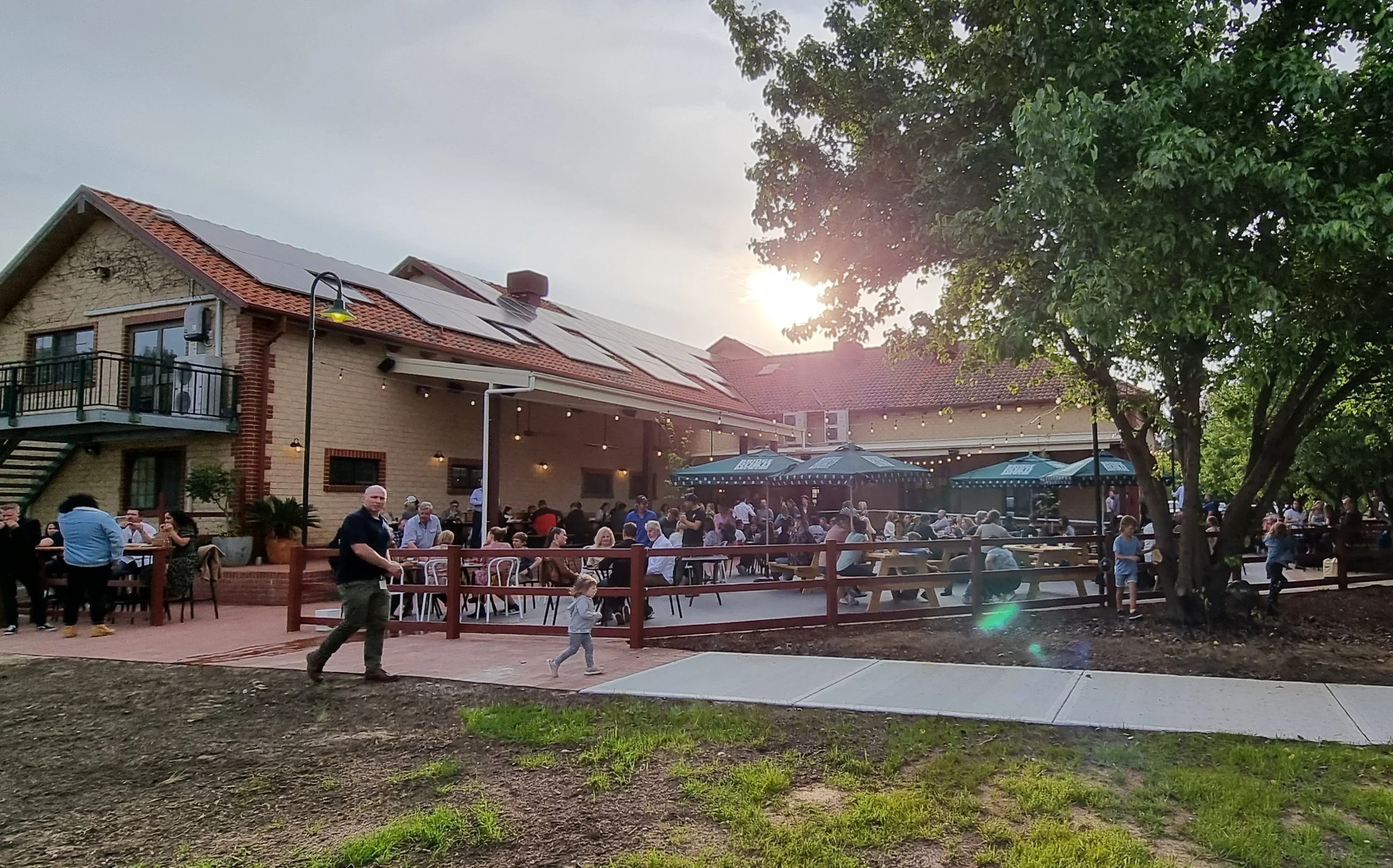 A lively outdoor gathering at a restaurant or brewery with many people sitting at tables under umbrellas on a patio, surrounded by trees and a building with solar panels on the roof, during the late afternoon or early evening.
