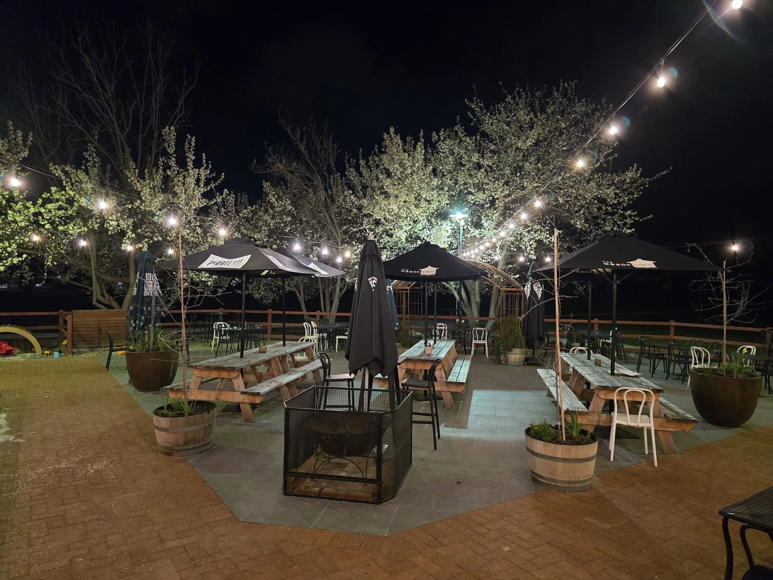 Empty outdoor patio with wooden picnic tables, umbrellas, string lights, potted plants, and blossoming trees at night.