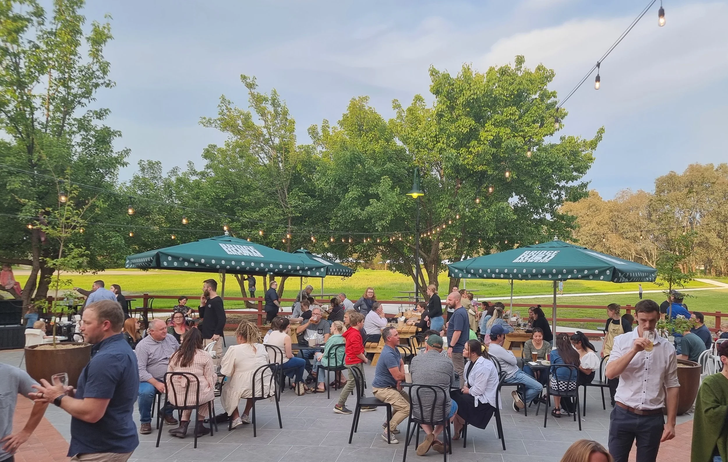 People dining outdoors at a patio with tables, chairs, and umbrellas under string lights, with trees and a grassy area in the background.
