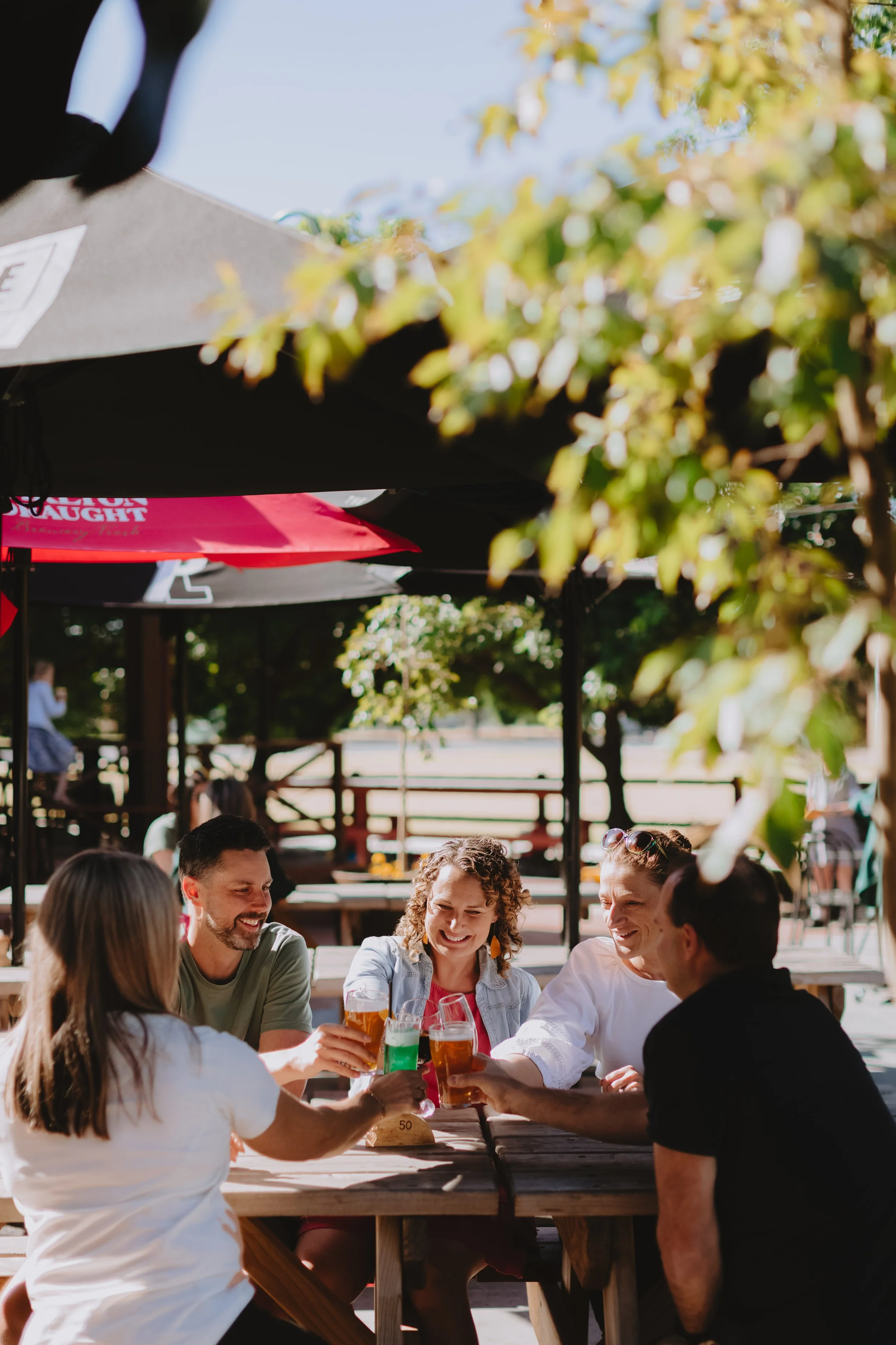 A group of five friends sitting around a wooden table outdoors under a shaded patio, cheerfully clinking glasses of drinks in a toast. The scene is bright and sunny, with trees and a park in the background.