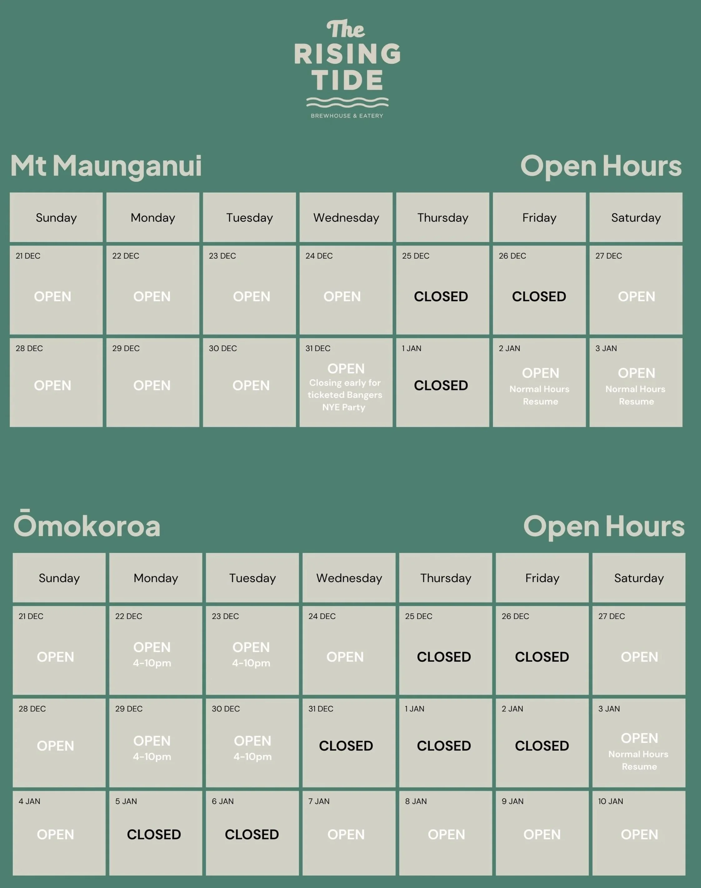Christmas/NY Open Hours — The Rising Tide