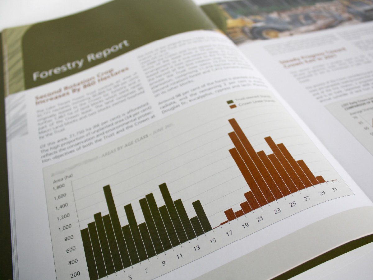 Annual report design featuring complex tables, charts, and stakeholder communication for Maori Trust.