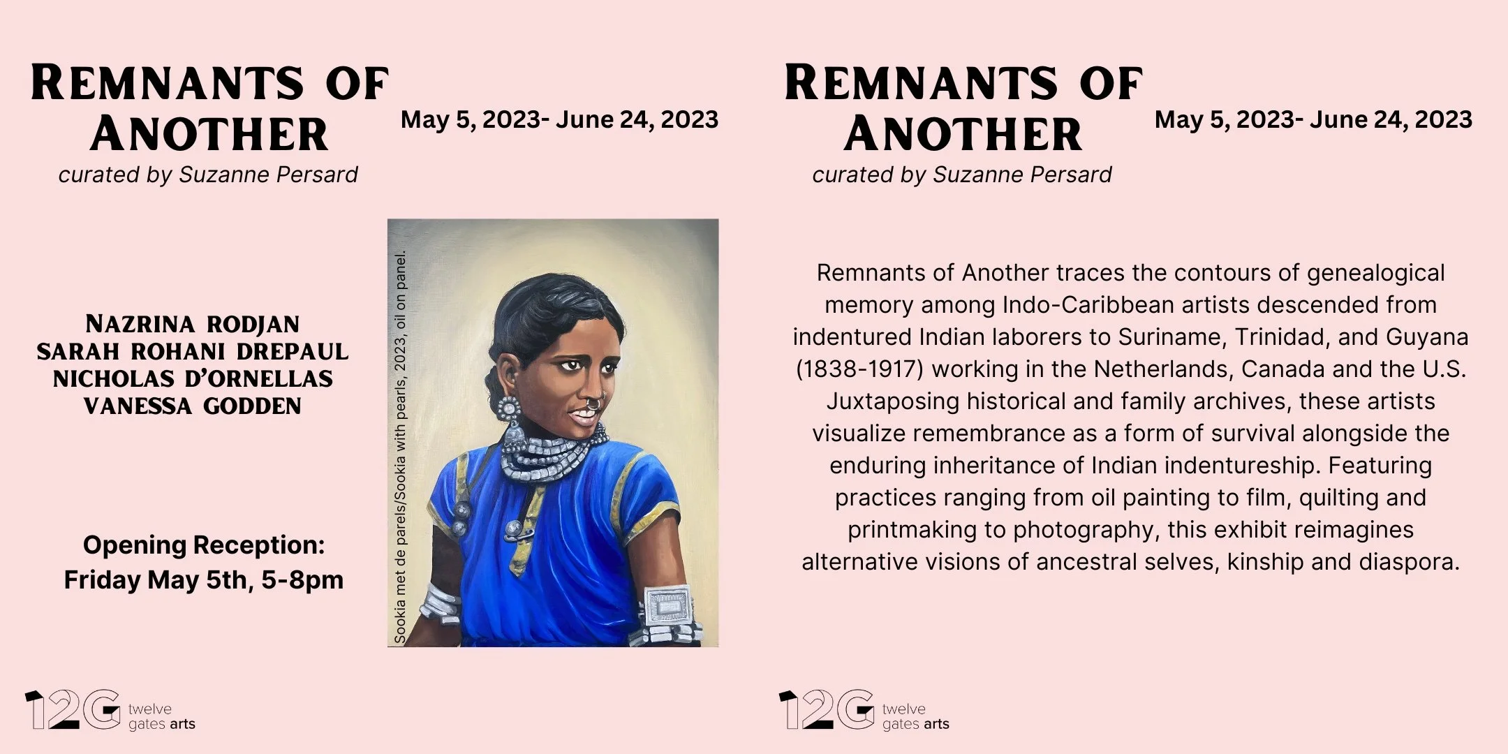 Image of indentured Indian woman in the blue and gold palette of Vermeer with a description of Remnants of Another exhibition opening