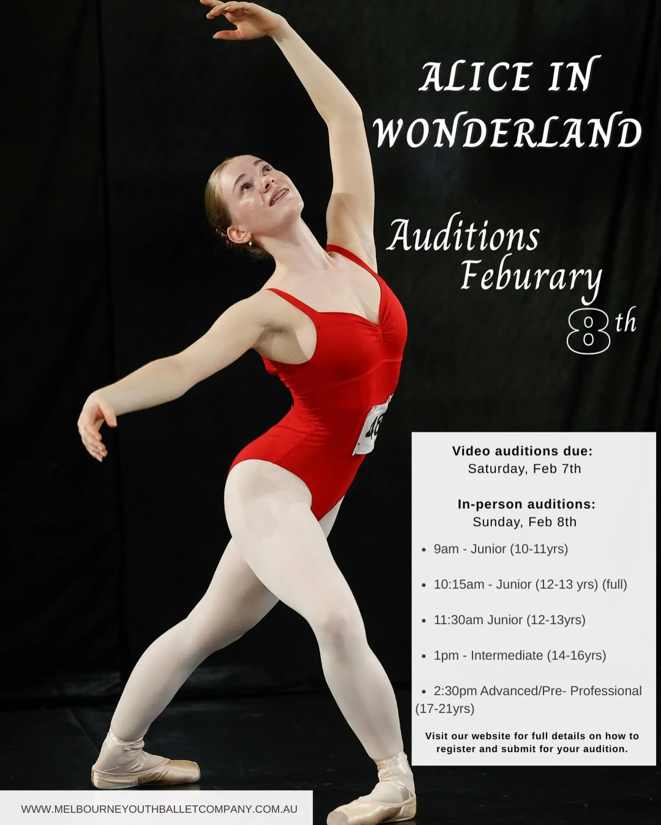 ✨ Alice in Wonderland ✨
Auditions are just around the corner.

📅 In-person auditions: Sunday 8 February
🎥 Video auditions due: Saturday 7 February

Junior &bull; Intermediate &bull; Advanced / Pre-Professional
Ages 10&ndash;21 years

Visit our webs