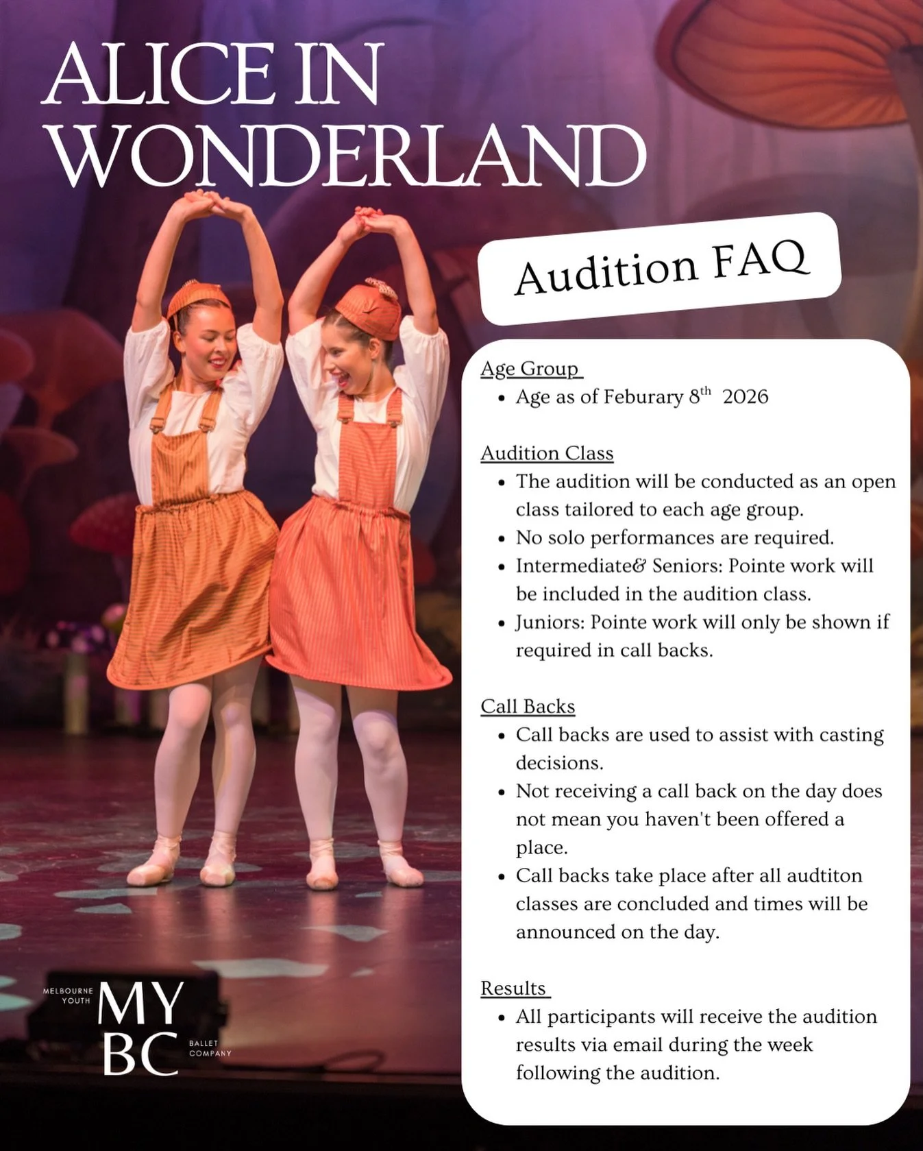 🤍 What to expect at auditions 🤍

Auditions for Alice in Wonderland will be run as an open ballet class, tailored to each age group.
&bull; No solo variations required
&bull; Pointe work included for Intermediate &amp; Seniors
&bull; Juniors may onl