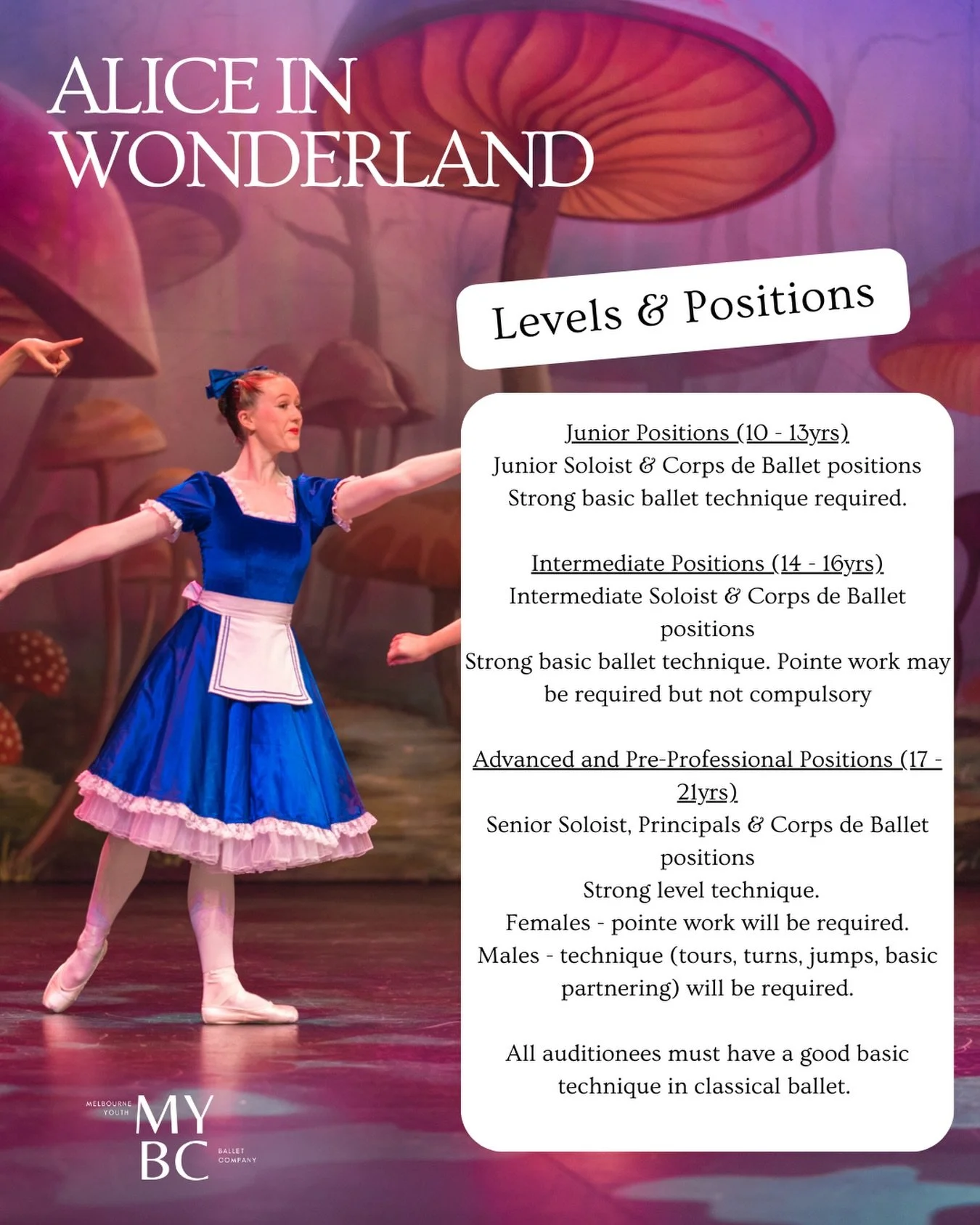✨ Find your place in Wonderland ✨

From Junior to Pre-Professional, Alice in Wonderland offers performance opportunities across all levels.

We are casting:
&bull; Junior positions (ages 10&ndash;13)
&bull; Intermediate positions (ages 14&ndash;16)
&
