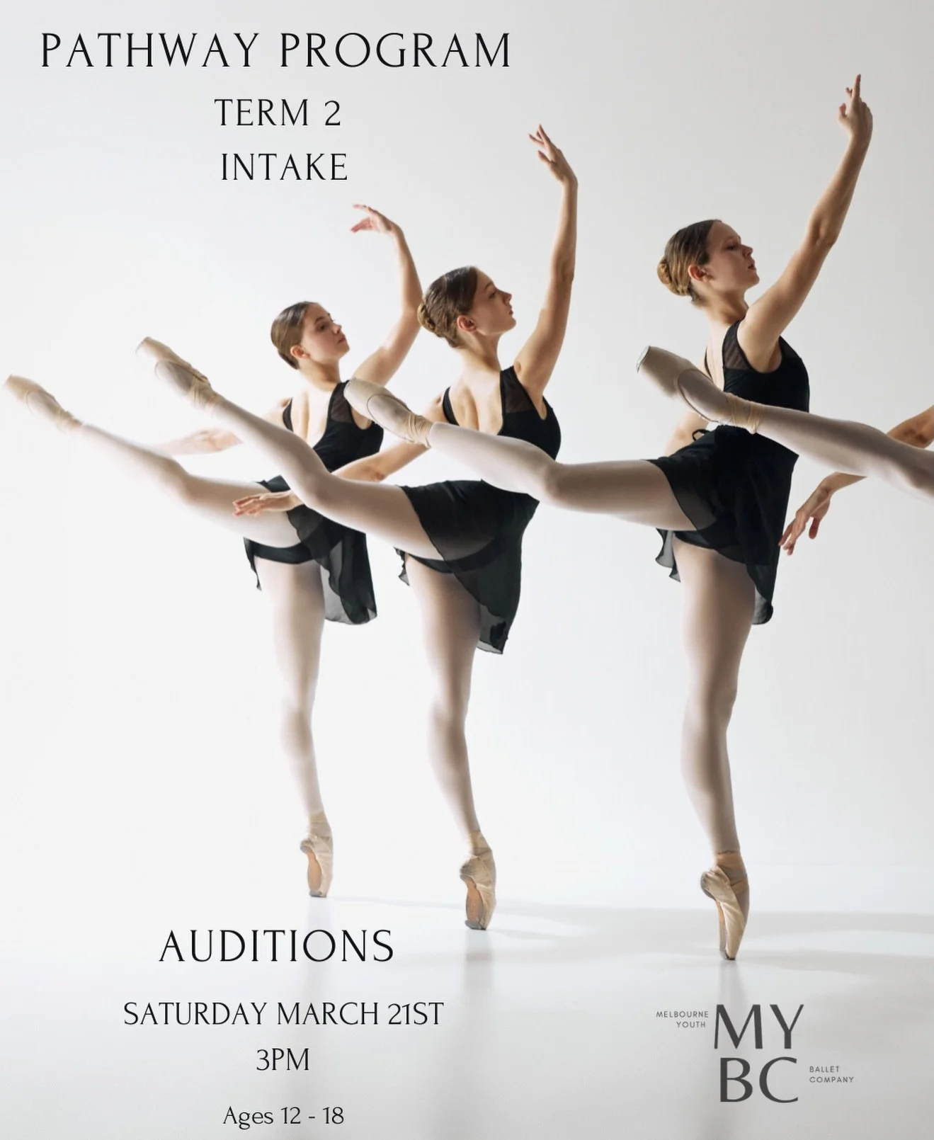 Pathway Program Auditions &ndash; Term 2 Intake 

For our Term 2 intake, Pathway Program auditions will take place within a scheduled Pathway class alongside our current dancers.

We have chosen this format so our faculty can assess each dancer withi