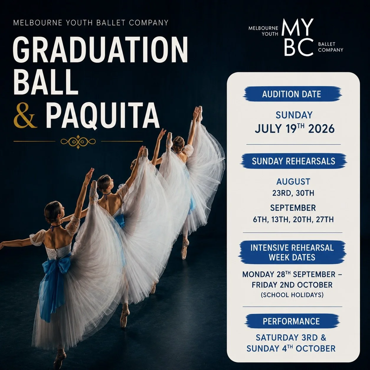 ✨ SEASON INFORMATION ✨ 

📍 Graduation Ball will primarily suit our junior/intermediate dancers, featuring many character and soloist roles designed to develop artistry, stage presence and performance quality in a fun and engaging ballet setting.

📍