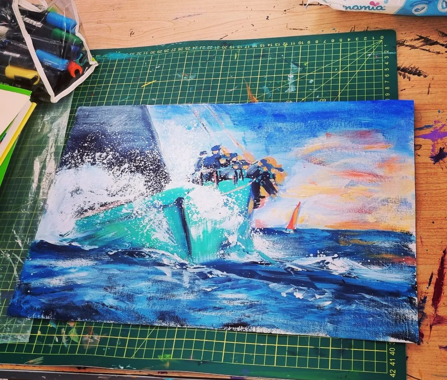 Colour study for a commission in Perth Western Australia 

Sailing!!! Racing. Don't mind the spray. Hold tight as we sweep across the ocean with the oncoming night. 

The foamy seas batter the hull.  Drenching the crew. In the distance a yacht sails 
