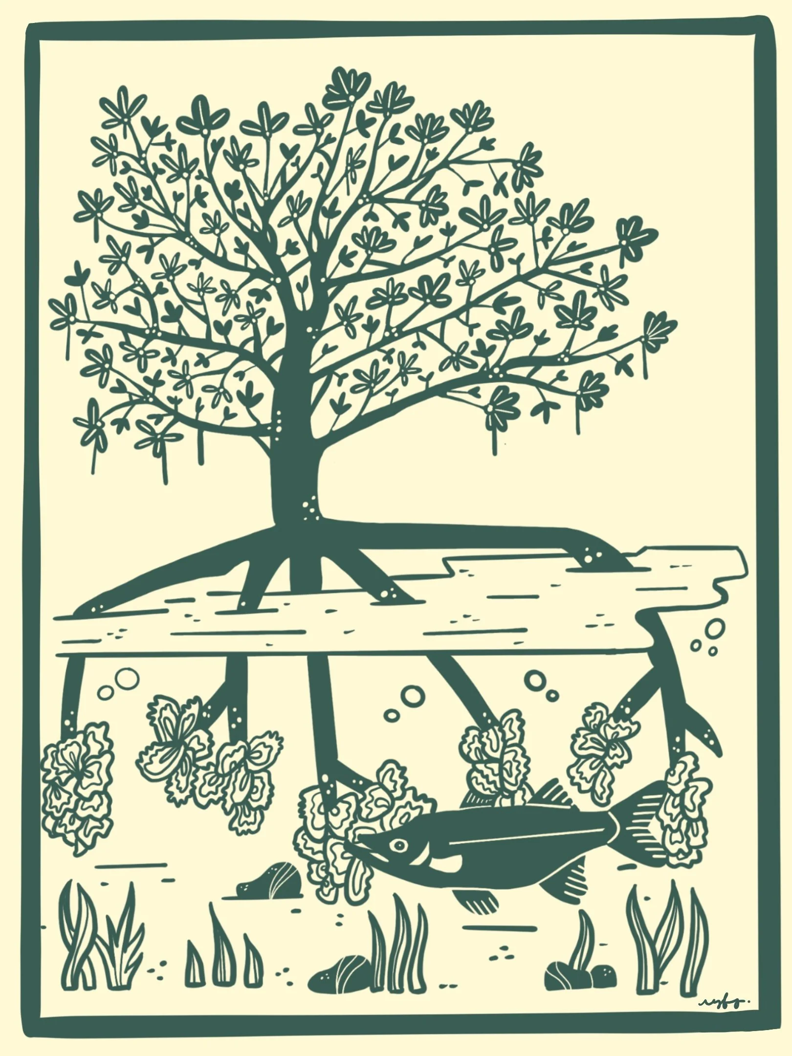 Mangrove Bliss: Artistic 5x3" Print with Snook and Oyster Habitat