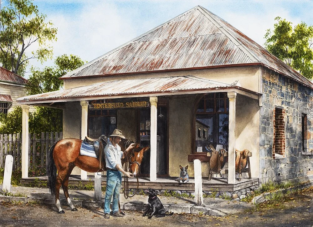 Tenterfield Saddler - 72cm x 52cm watercolour. A tribute to the Australia that was. An ordinary scene familiar to those of us who grew up in a country town. 