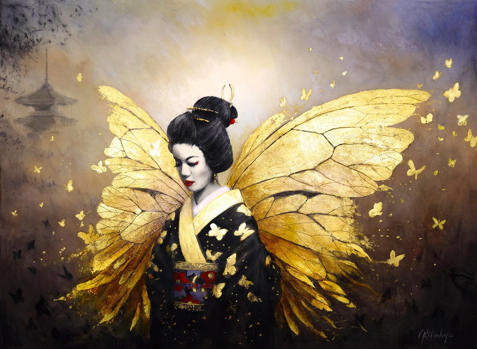 Madam Butterfly Aria - 72cm x 52cm in 24K Gold, Platinum, 24K gold leaf and watercolour