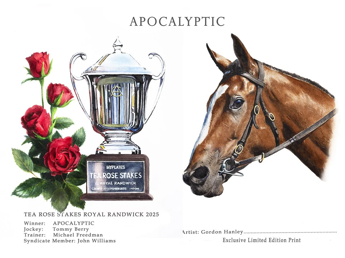 Apocalyptic - Tea Rose Stakes Winner - 42cm x 29cm watercolour print. Celebrate your winning horse! All parts of this image are skill of hand painting by the artist. Prints available - contact Morpeth Gallery for details.