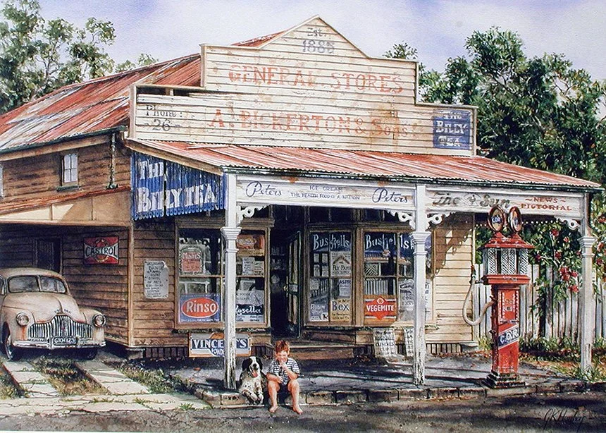Staying For The Refund - 72cm x 52cm. Memories of the old corner shop - mostly disappeared from the Australia we grew up in.