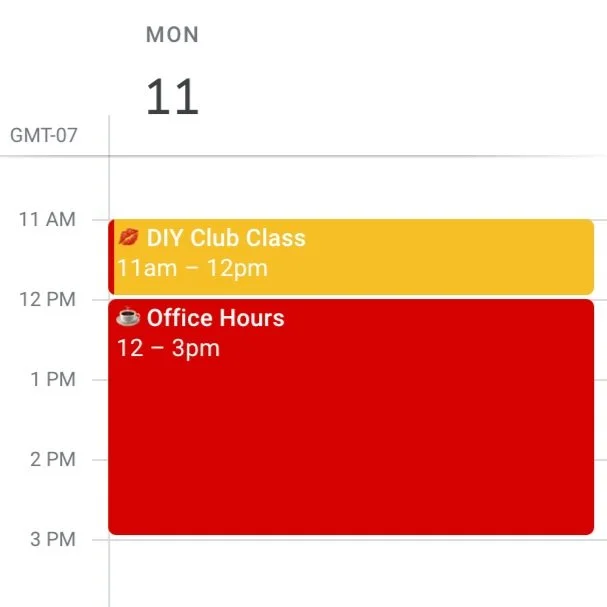 Calendar page showing Monday, November 11th, with scheduled events: DIY Club Class from 11 am to 12 pm and Office Hours from 12 pm to 3 pm.