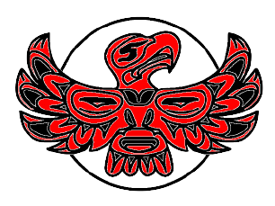 Stylized red and black Indigenous Pacific Northwest–style eagle with outstretched wings inside a circular outline.