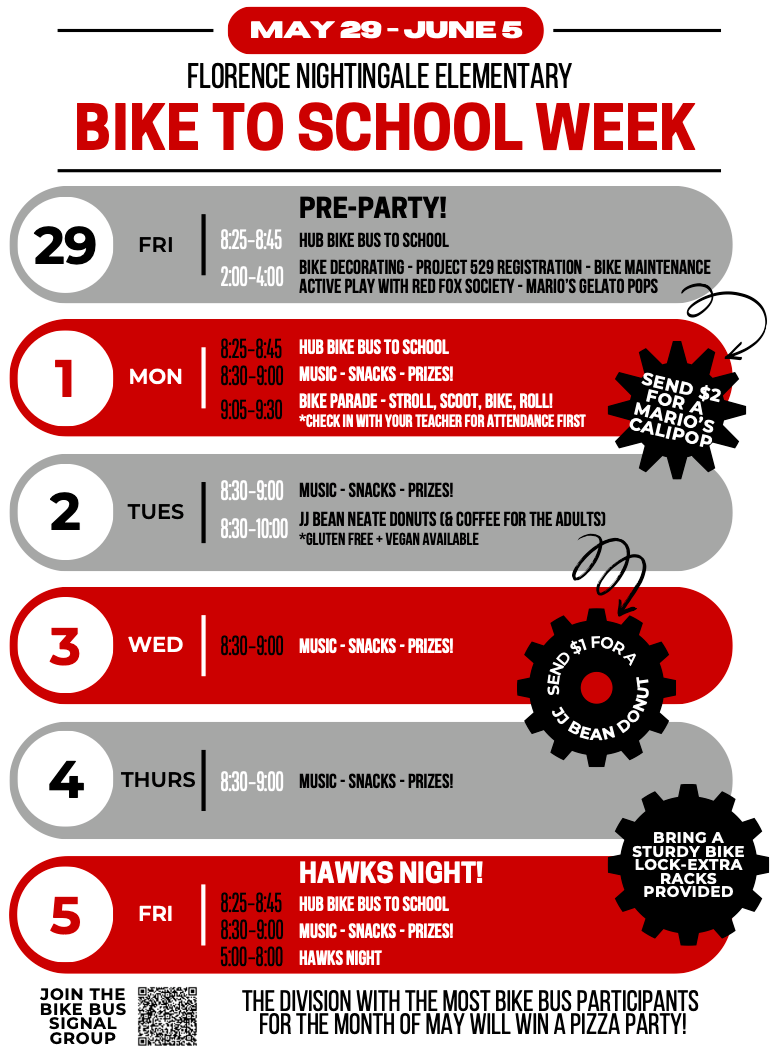 Bike to school week promotional flyer with calendar of events for the week