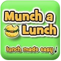 Munch a Lunch logo. Yellow bubble text reads "Munch a Lunch: lunch made easy" in a lime green square with images of a cartoon hamburger with a bite mark and a small quarter music note at the end of the text.