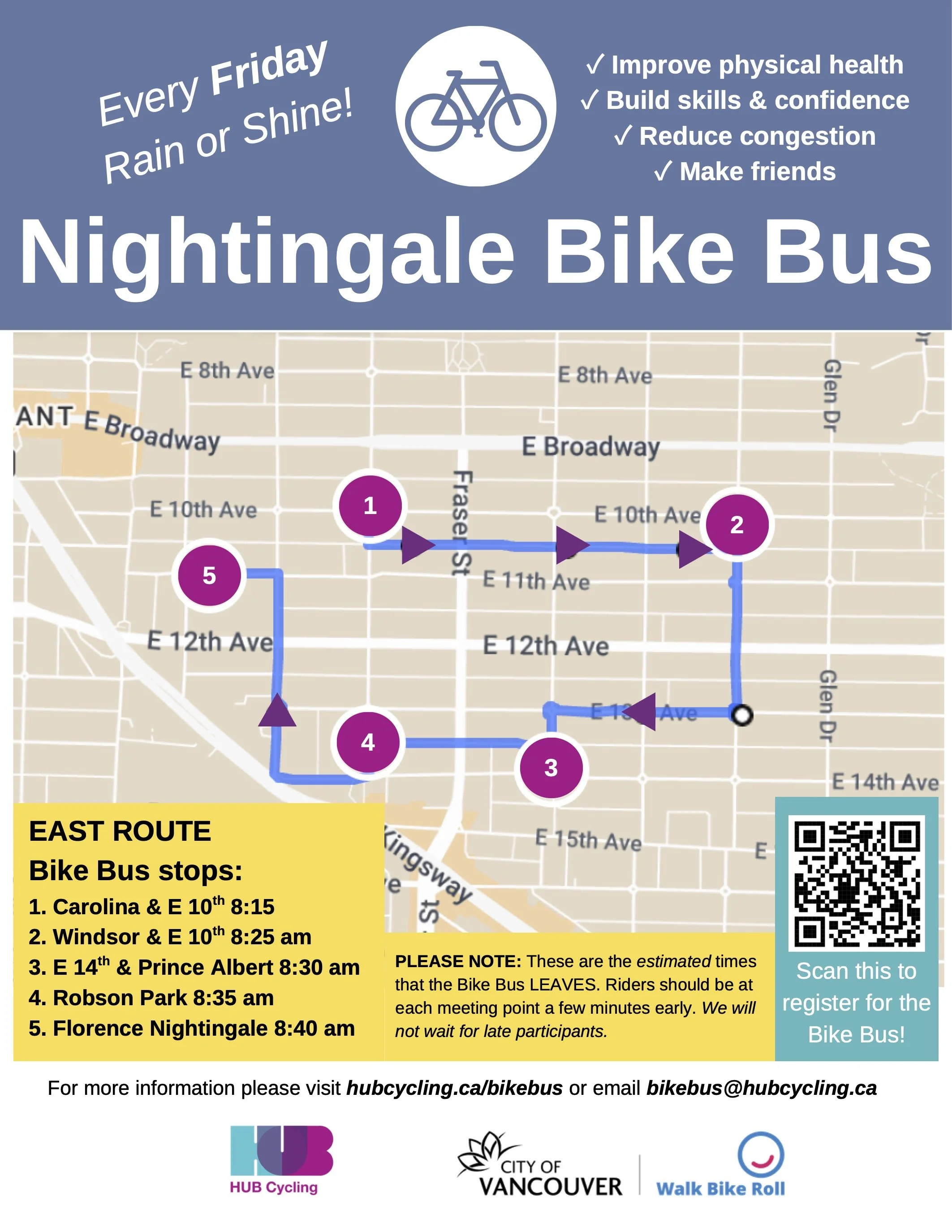 Nightingale Bike Bus poster: ride to school every Friday, rain or shine. Includes a QR code to register and contact info for HUB Cycling.