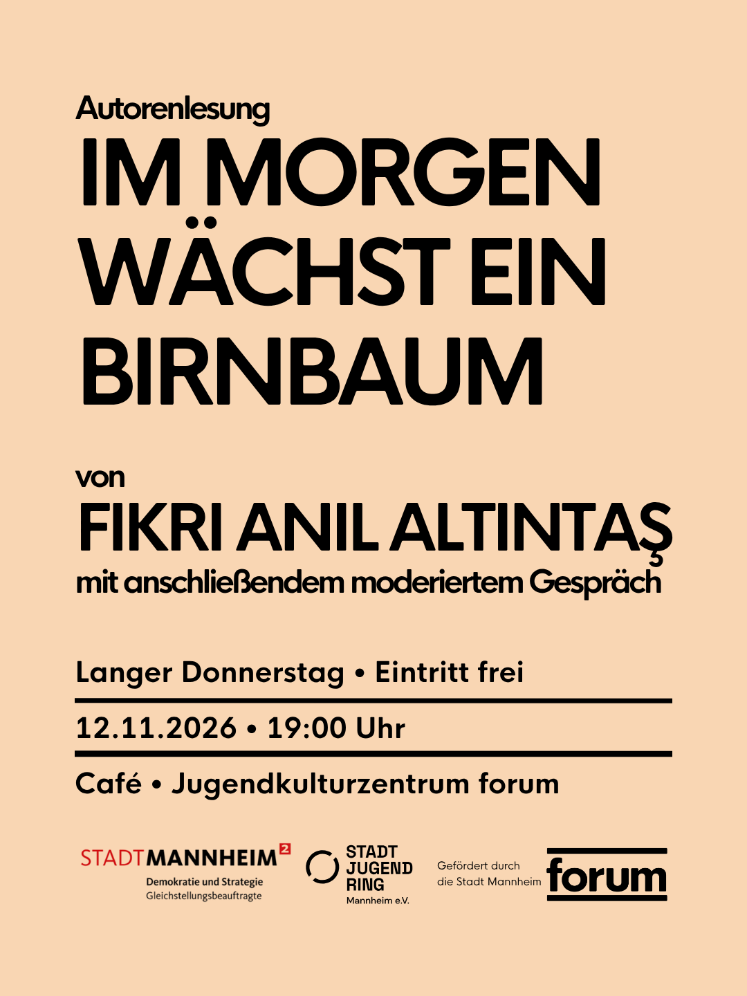 Lesung "Im Morgen wächst ein Birnbaum" mit Fikri Anil Altintaş – Forum Mannheim, 12.11.2026