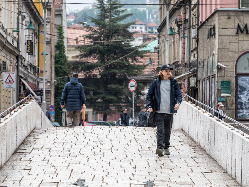 René Konings crossing a bridge in Bosnia and Herzegovina.