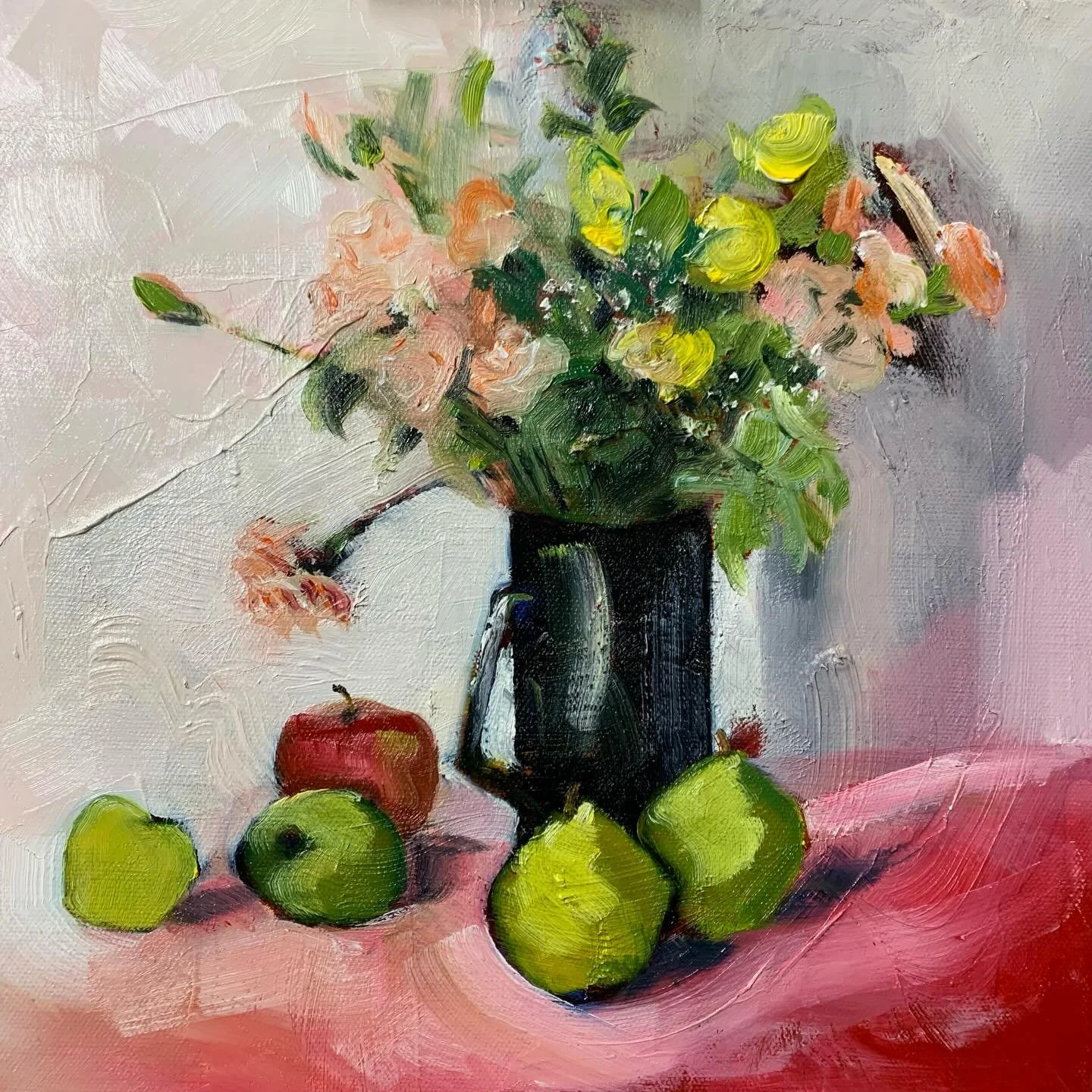 Too dark and overcast outside this afternoon to paint the view, I did try but wasn&rsquo;t happy. On nipping over to the kitchen to make a brew, I spotted a jug of flowers gifted from my mum and decided to have a go as it&rsquo;s quite a while since 