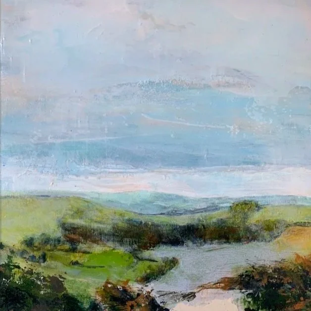 An impressionist landscape painting depicting a beach scene of Borth, West Wales. With water, sandy shoreline, and sky in pastel and earthy tones framed in white.