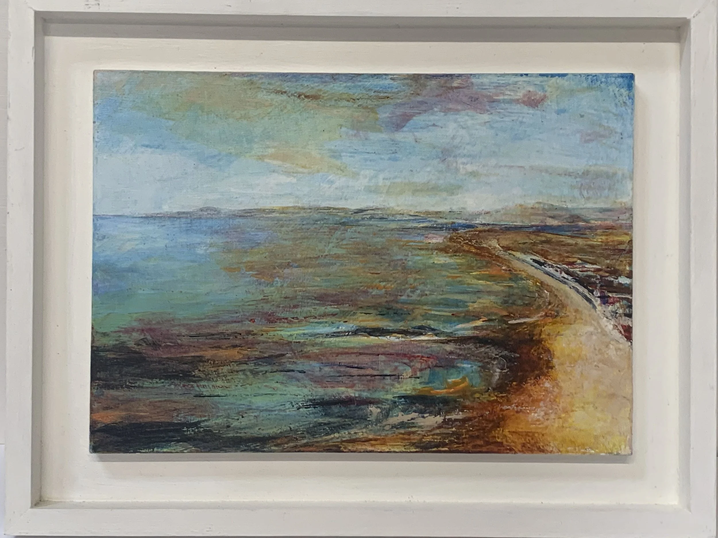 An impressionist landscape painting depicting a beach scene of Borth, West Wales. With water, sandy shoreline, and sky in pastel and earthy tones framed in white.