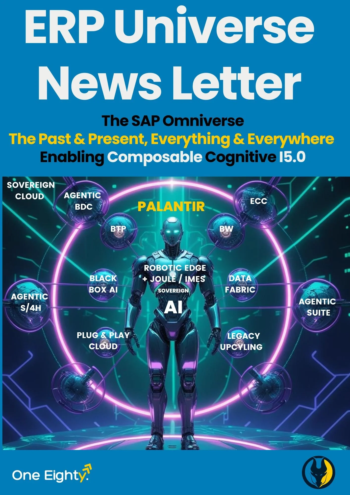 Cover page of ERP Universe News Letter featuring a futuristic robot with various technological and AI-related terms and concepts surrounding it.