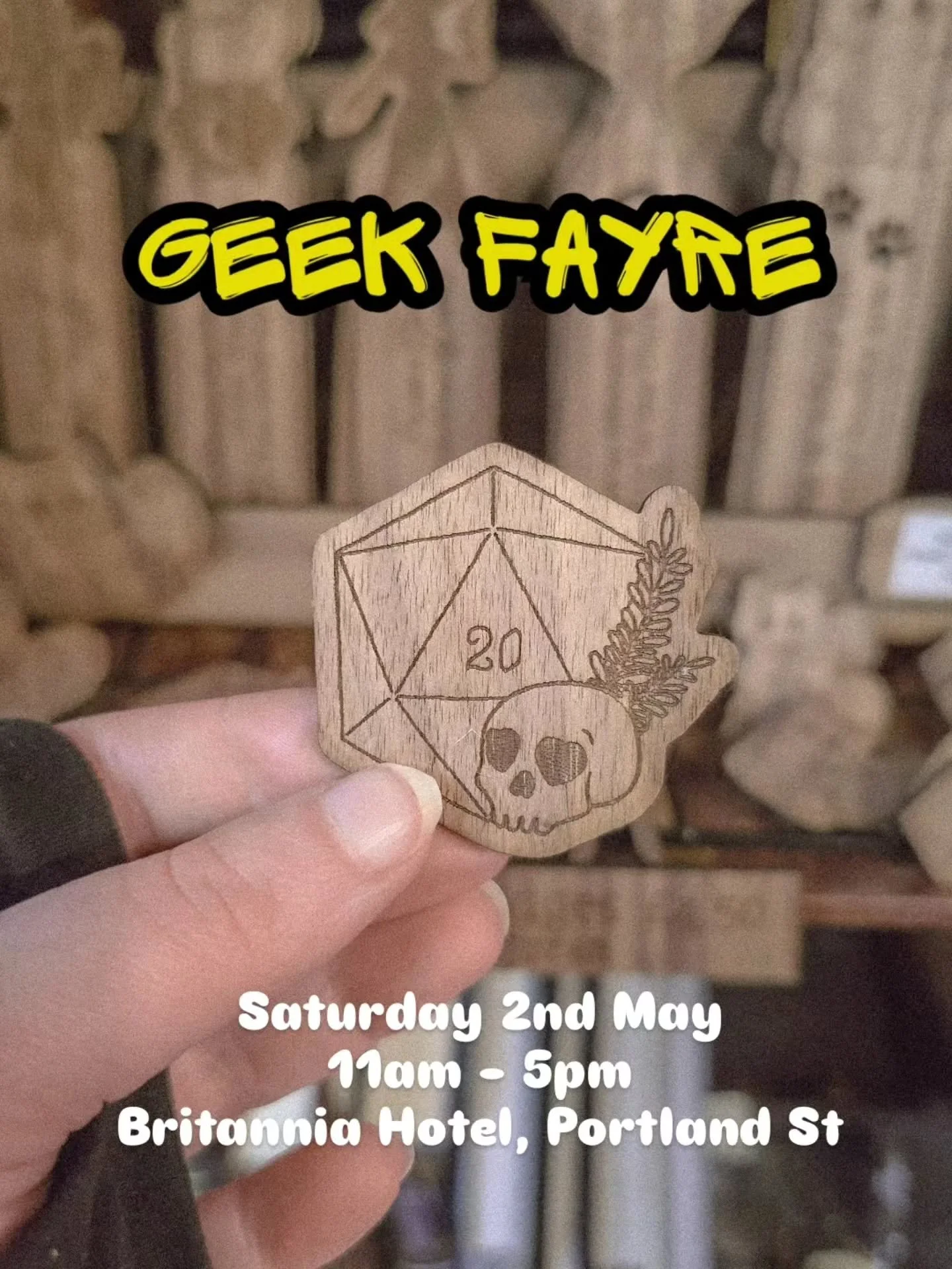 We will be at the Geek Fayre this Saturday! Come on down for the best Geeky Market in Manchester 🎲

11am - 5pm
Britannia Hotel, Portland St