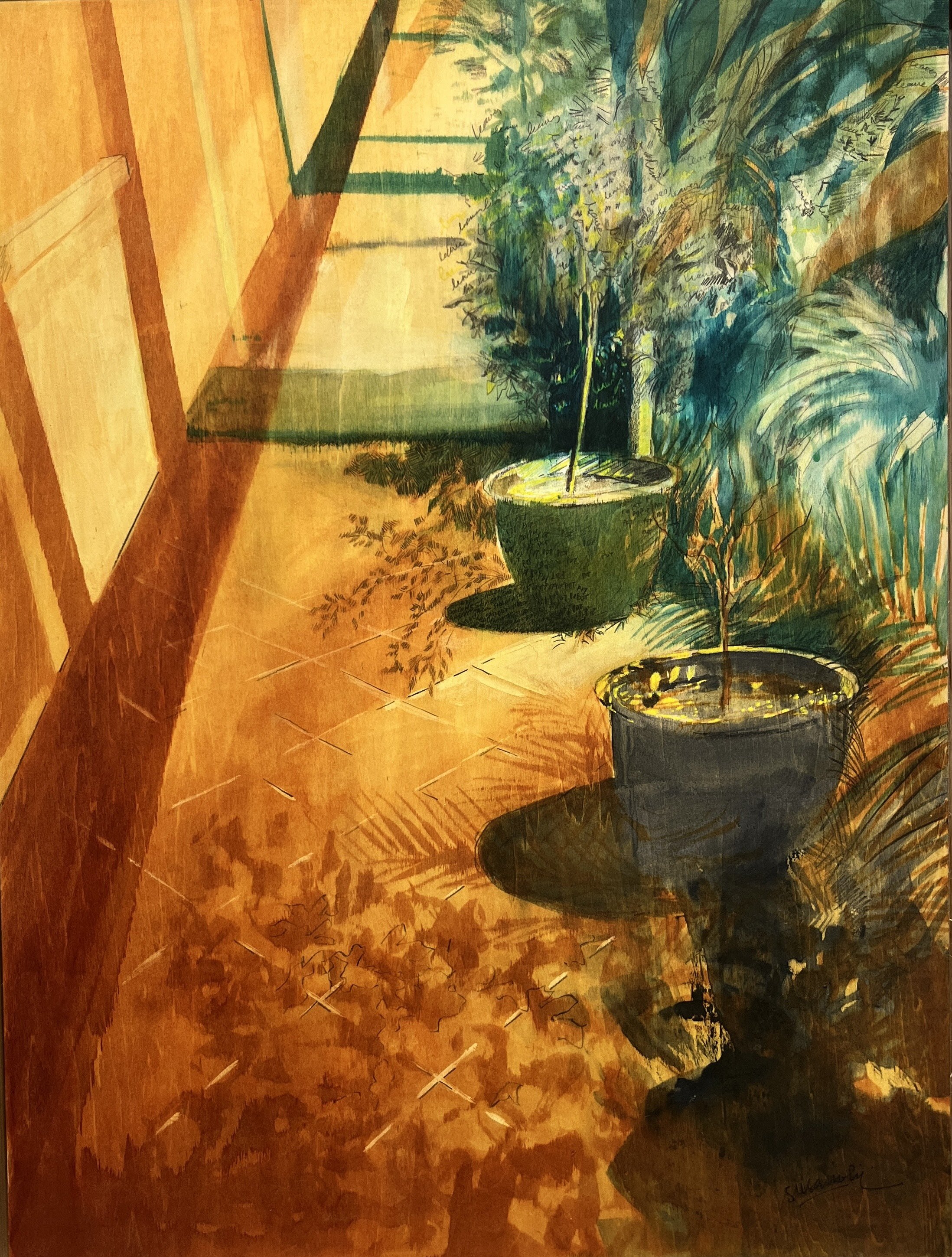 60 x 45 cm
Panel / Art board / Wood
In Leaves, Shadows, and Pots, I painted on plywood panel a sepia and turquoise scene of an afternoon light of a quiet street where I lived. Subtle, hand-drawn words in pencil—Leaves, Shadows, and Pot—are integrat