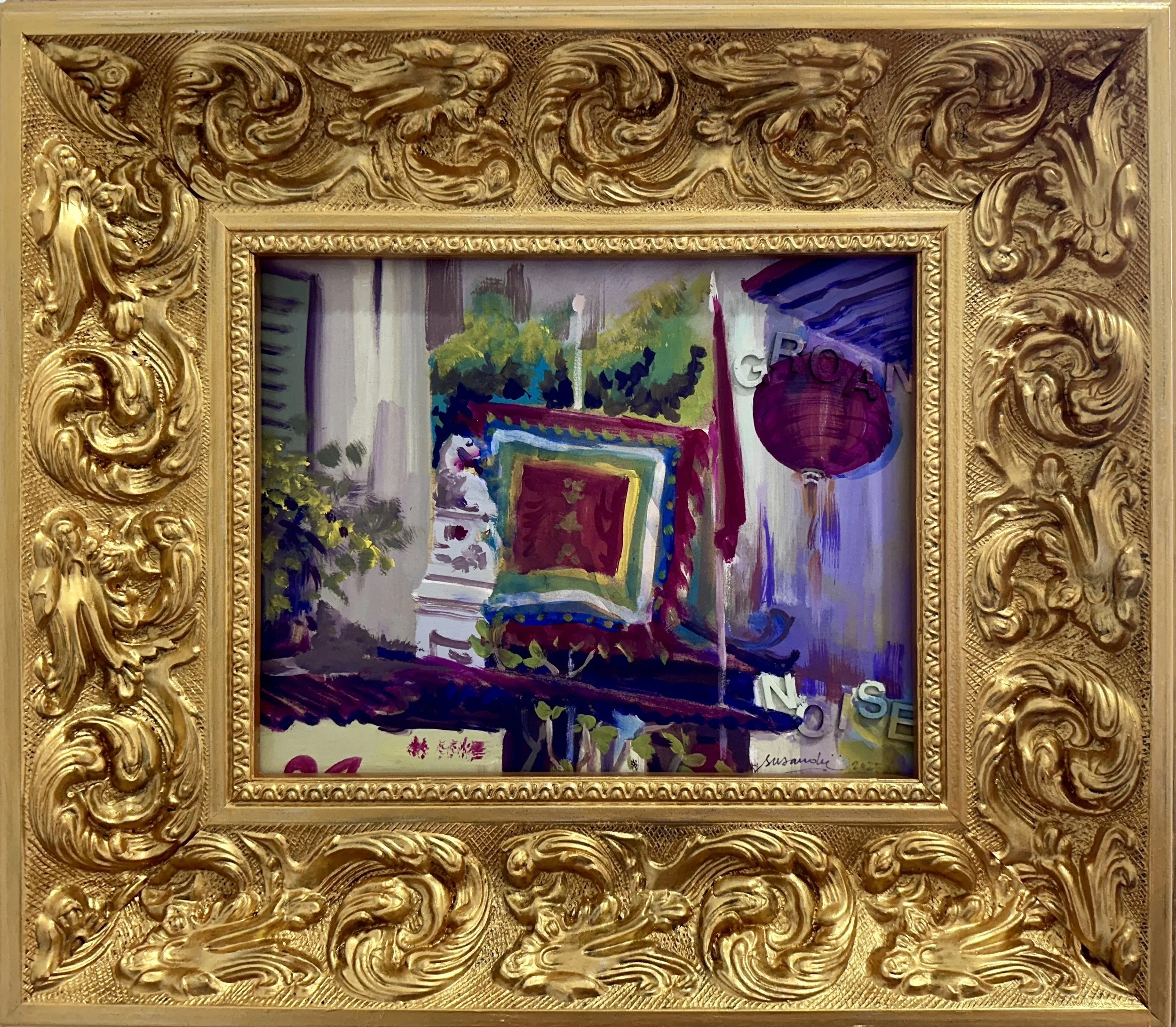 Guilded Distraction. Pho Hang Vai. Din Dong Thanh Shrine, Vietnam. 
20 x 25 cm. 
Mixed media on panel board. 
2025 