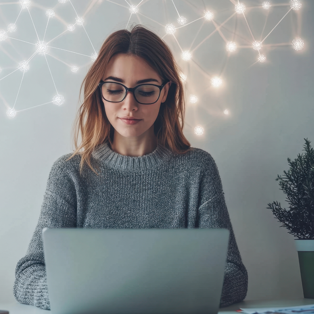 A woman with glasses looking at her laptop, decorated with string lights and a potted plant on the desk.