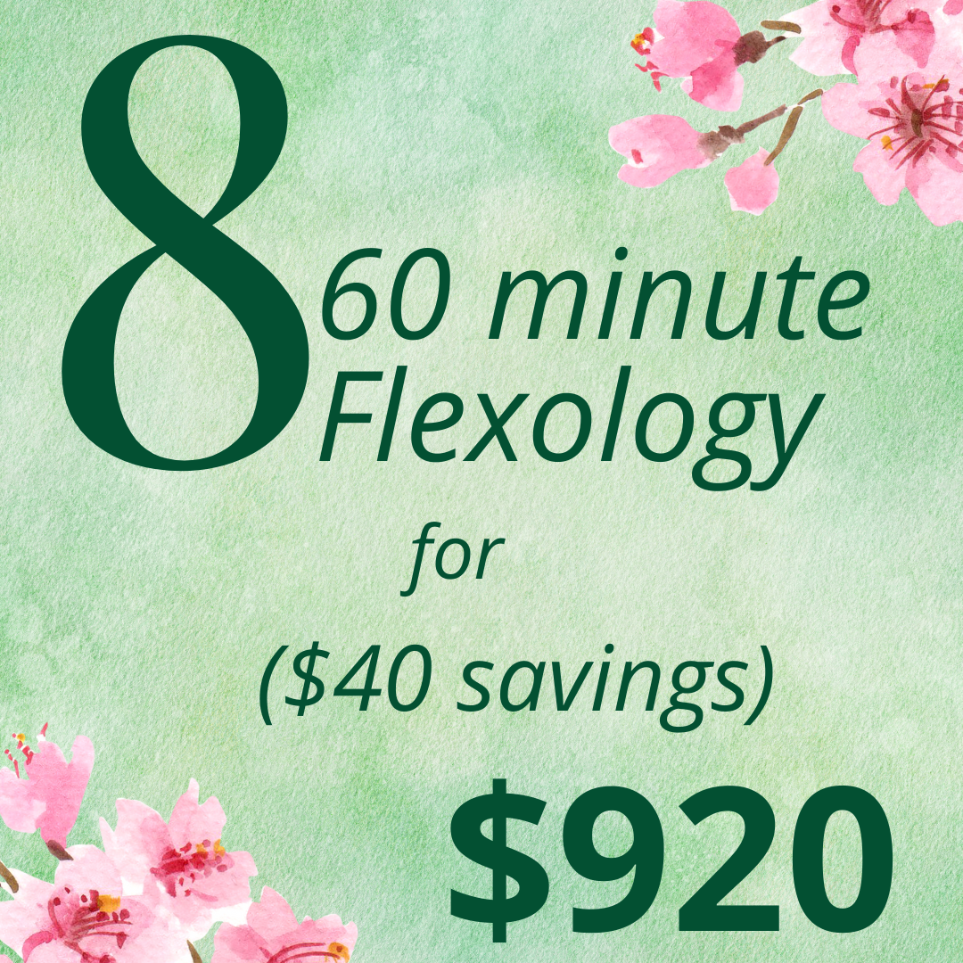 Green watercolor background with pink cherry blossoms at the top right and bottom left corners, text offering an 8-week, 60-minute yoga class for $920, saving $40.