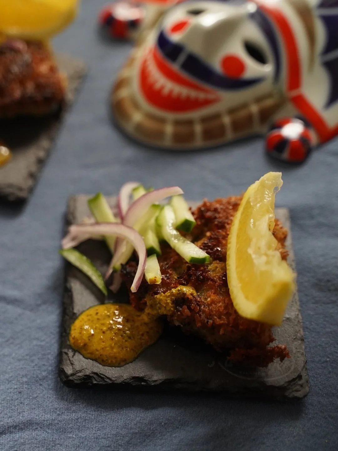 Festivities. Food. Fish. Fried. 
For Bengalis: Fish Fry. 

These crispy battered ginger garlic chilli lime marinated fish is the ultimate fried snack. 
Also love friends who just simply put in their creativity to make food look so good. I cooked. The
