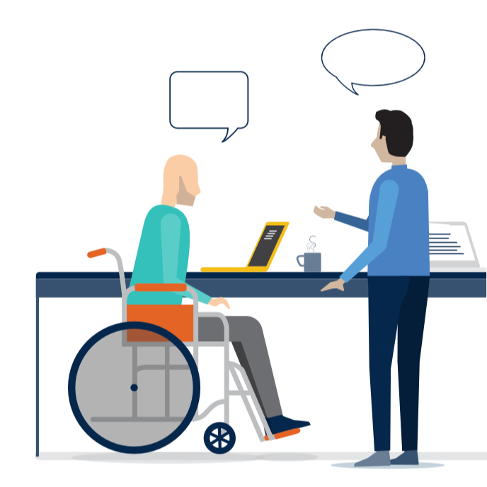 Illustration of a person sitting in a wheelchair talking to another person standing behind a desk with a laptop, coffee mug, and papers.