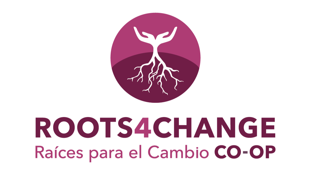 Logo for ROOTS4CHANGE, featuring a white tree root inside a purple circle, with the name 'ROOTS4CHANGE' and the subtitle 'Raíces para el Cambio CO-OP'.